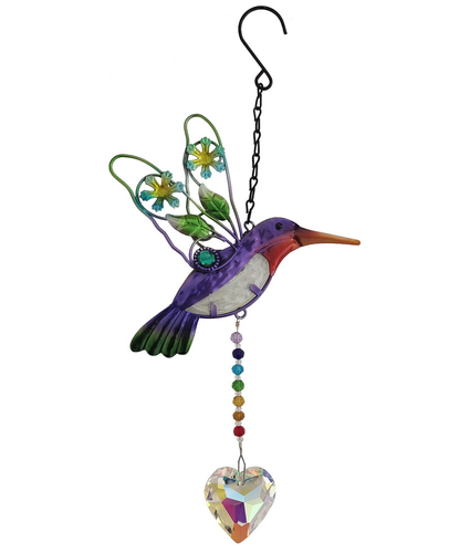 Purple Metal Hummingbird with crystal heart