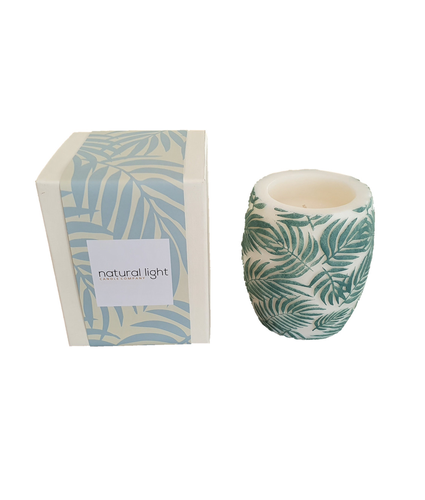 Palm Leaf 4 Inch Hurricane White and Bayberry Candle