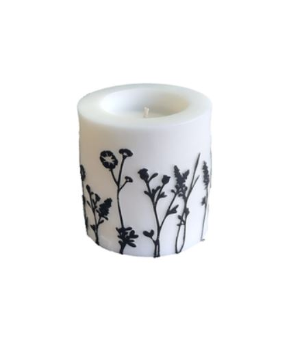 Wildflower 3 Inch Recessed Pillar Black and White Candle