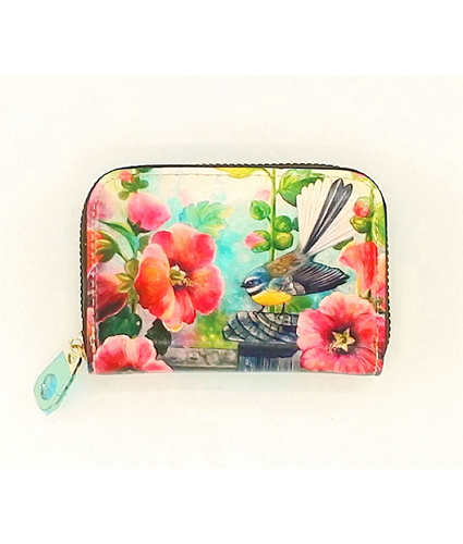 Leather Cardholder Hibiscus Flower and Fantail NZ Artist