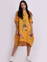 Linen Adeline Top Dress Mustard Floral Print "Made in Italy"