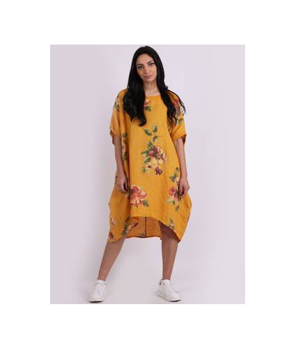 Linen Adeline Top Dress Mustard Floral Print "Made in Italy"