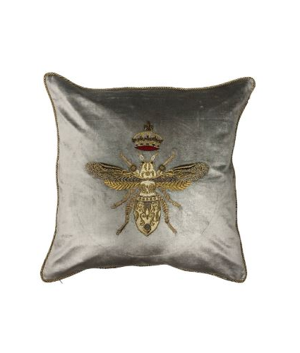 Hand Embroidered Gold Bee Platinum Velvet Cushion