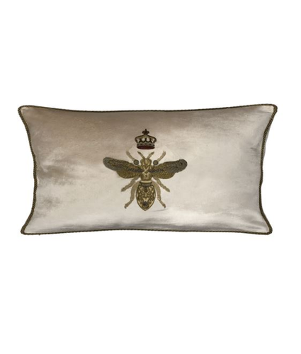 Hand Embroidered Blush Velvet Bee and Crown Cushion