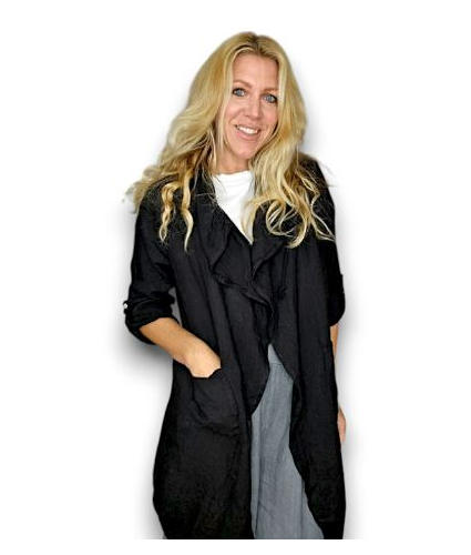 Black Long Drawstring Linen Jacket