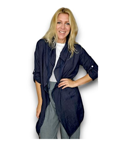 Navy Long Drawstring Linen Jacket