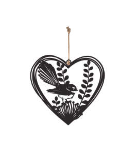 17cm New Zealand Native Metal Hanging Heart with Fantail