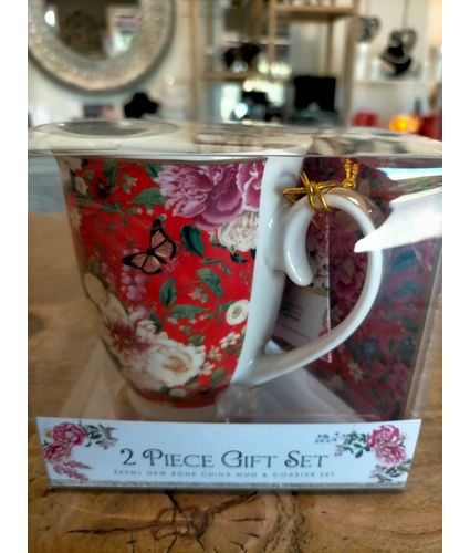 Red floral Mug with Coaster