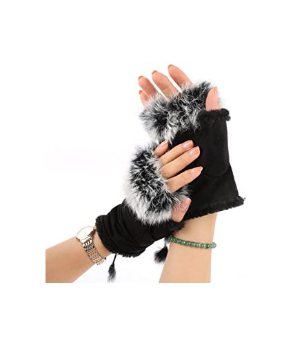 Black Gloves Faux Fur Trim 