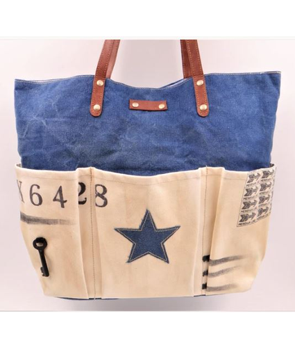 Blue and Cream Tote Bag with Star