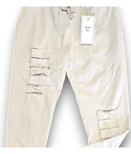 Light Beige Plain Ripped Sequinmed Pants