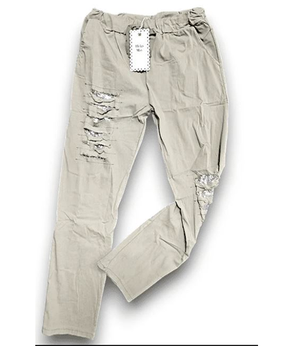 Khaki Plain Ripped Sequinned Pants