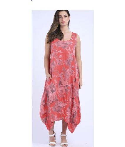 Gabriella Floral Linen Dress Coral