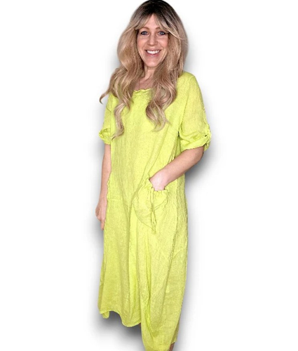 Limoncello Plain Button Sleeve Maxi Dress Linen