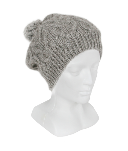 Relaxed Cable beanie with fur pompom - Silver