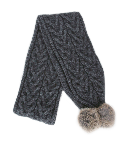 Cable Scarf with fur pompom - Charcoal