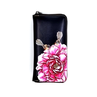 Leather Wallet Pink Flowers and Fantails