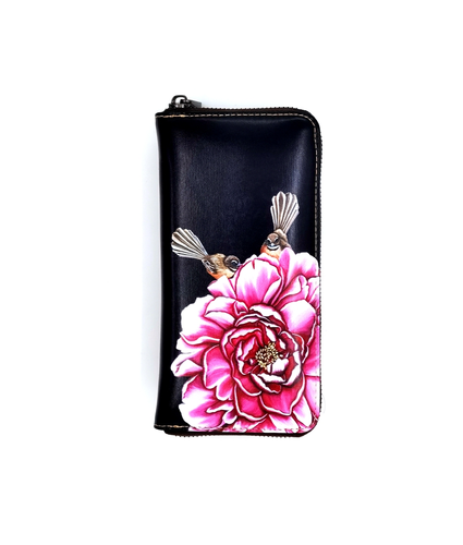 Leather Wallet Pink Flowers and Fantails
