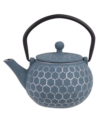 Teapot 500ml Cast Iron Honey Comb Blue and Silver