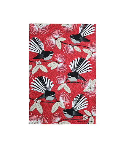 Flirting Fantails Red Tea Towel