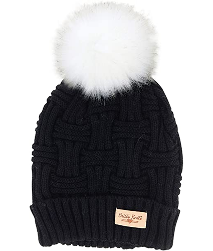 Black Plush Lined Pom Pom Hat 