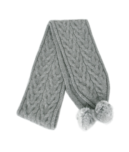 Cable Scarf with fur pompom - Silver