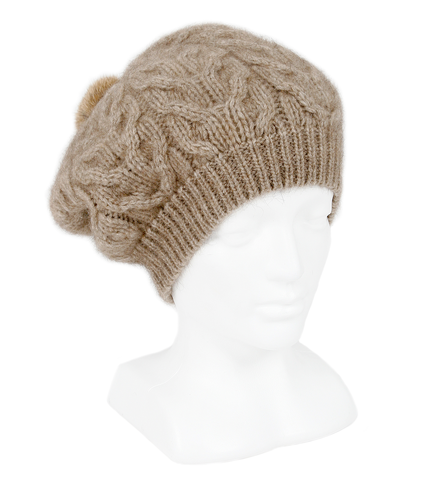Relaxed Cable beanie with fur pompom - Natural
